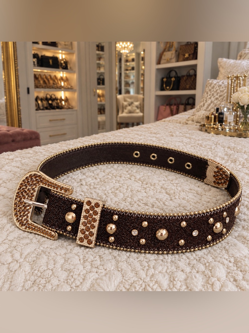 Y2K Brown Rhinestone Studded Wide Statement Belt